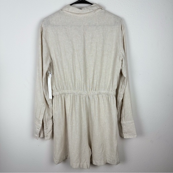 NWT Caslon Stripe Long Sleeve Linen Blend Romper Tan Safari - White Leah Stripe - Picture 5 of 12